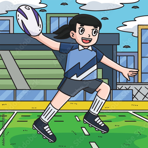 Female Rugby Player Passing Ball Colored Cartoon photo