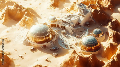 aerial view of a futuristic space colony on a distant planet, with biodomes and spacecraft. Futuristic Space Colony. Illustration photo