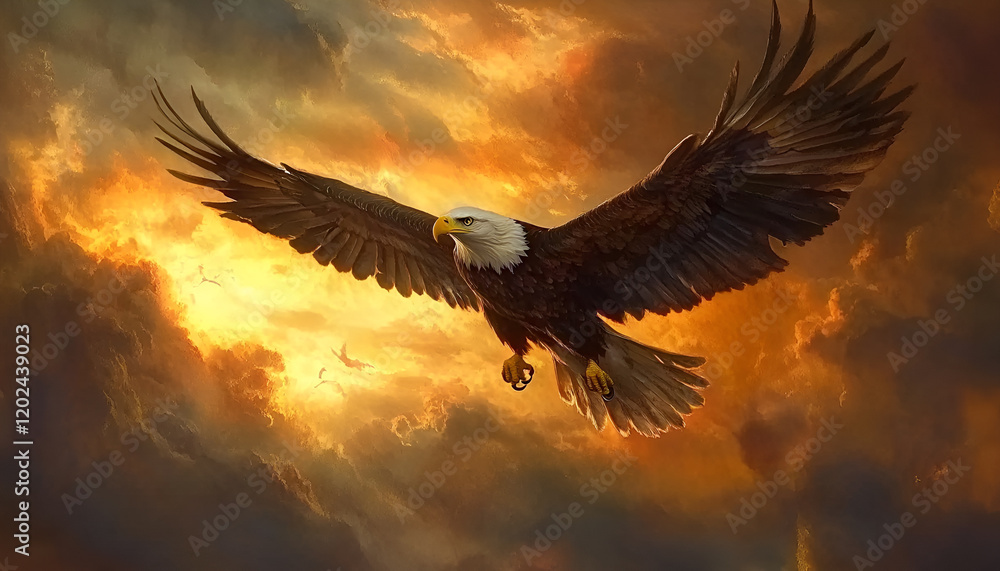 Fototapeta premium An eagle with extended wings perched on the ground in front of a backdrop of dark and stormy clouds