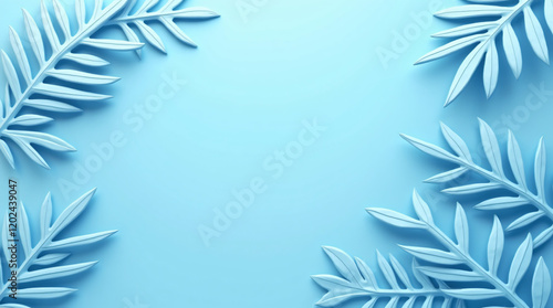 3D Render of Blue Tropical Leaves on a Blue Background