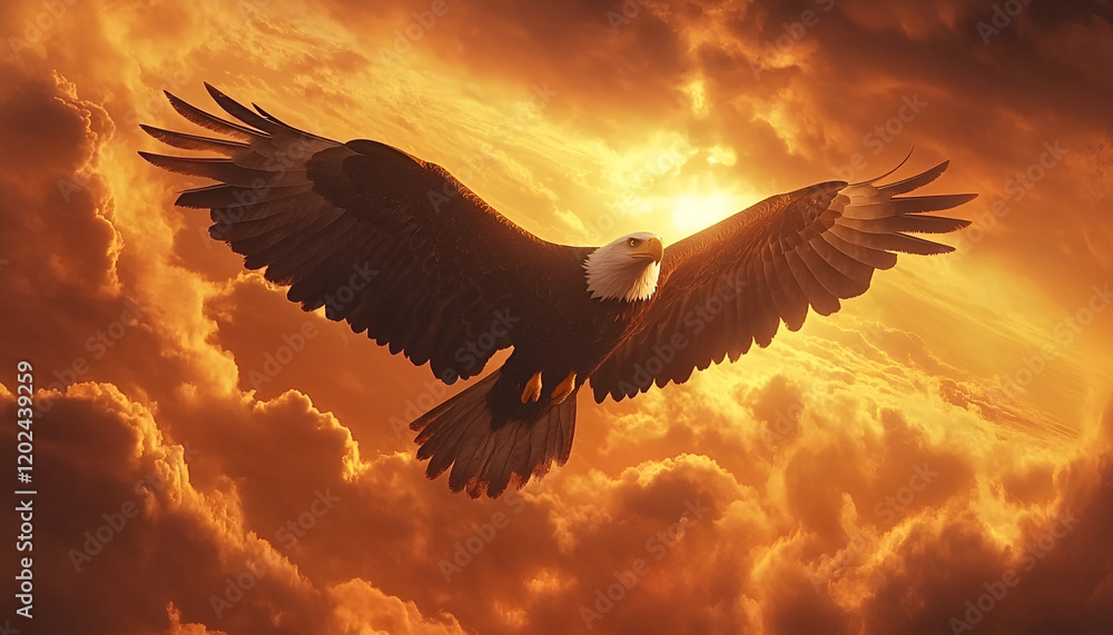 Obraz premium An eagle with extended wings perched on the ground in front of a backdrop of dark and stormy clouds