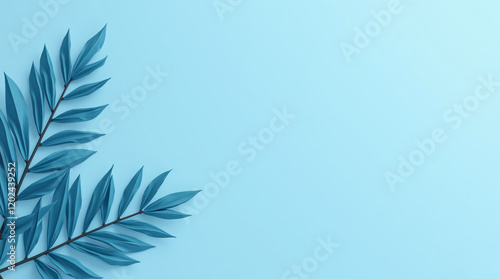 3D Render of Blue Tropical Leaves on a Blue Background