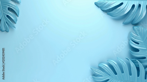 3D Render of Blue Tropical Leaves on a Blue Background