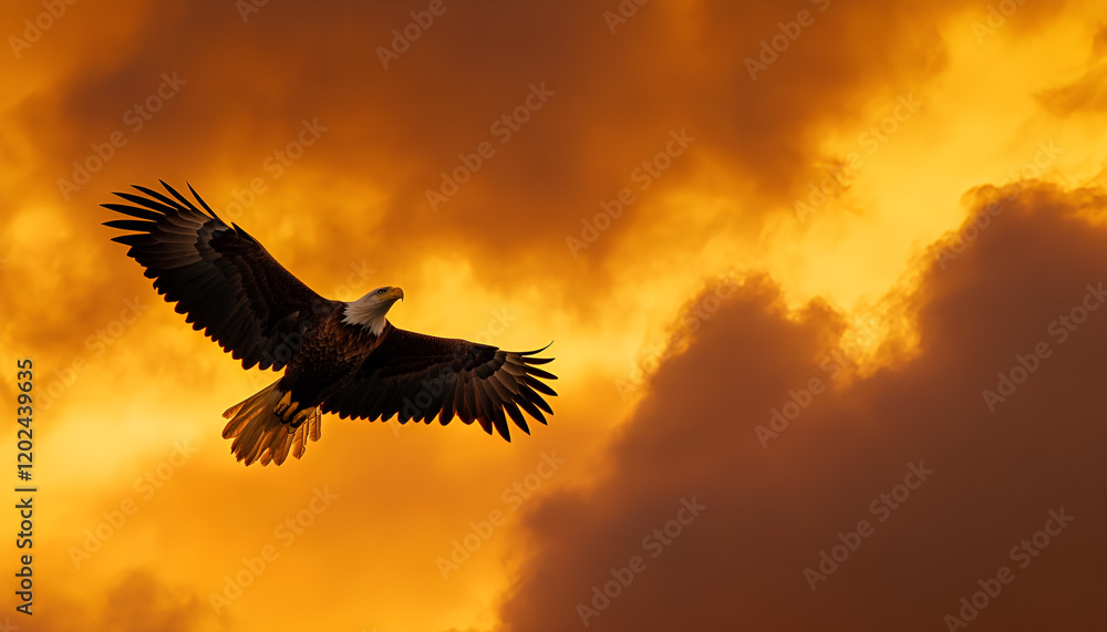 Fototapeta premium An eagle with extended wings perched on the ground in front of a backdrop of dark and stormy clouds