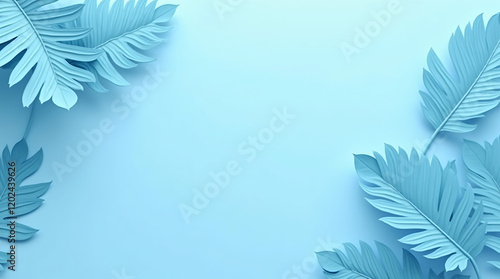 3D Render of Blue Tropical Leaves on a Blue Background