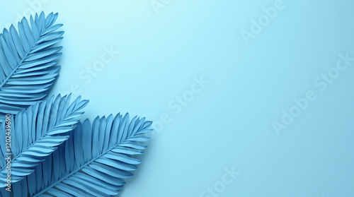 3D Render of Blue Tropical Leaves on a Blue Background