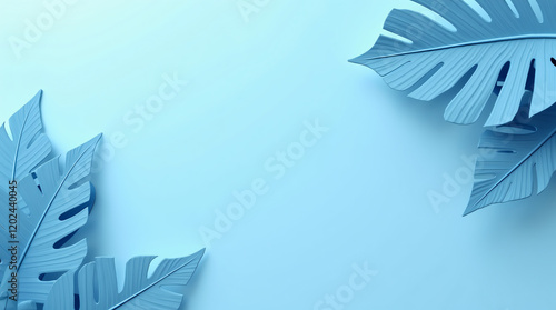 3D Render of Blue Tropical Leaves on a Blue Background