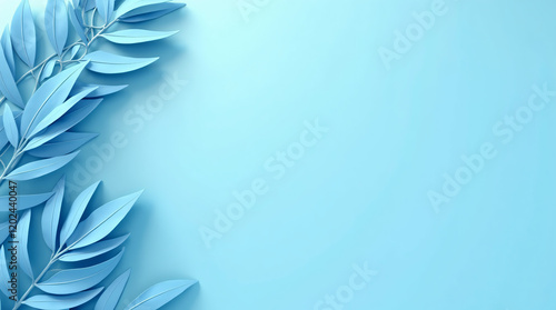 3D Render of Blue Tropical Leaves on a Blue Background