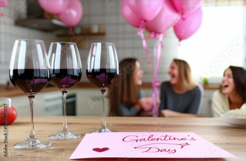 Three glasses of wine on a table decorated with pink heart-shaped balloons at a women's party on a blurry background of laughing women. Galentines day