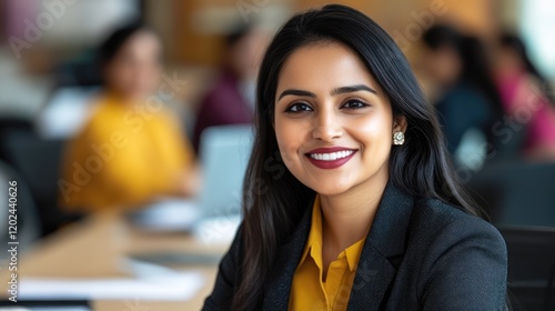 Close up happy young indian ethnic businesswoman talking about finance business project. Smiling diverse attractive female leader discussing sales presentation with workers in boardroom at meeting.