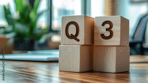 Close up image of wooden cubes with alphabet Q3 on office desk. Third quarter concept.
