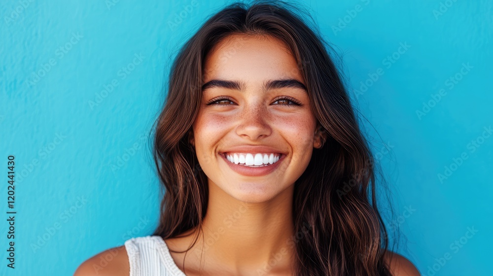 Fototapeta premium Close up of a beautiful young woman smiling with healthy white teeth on a blue background