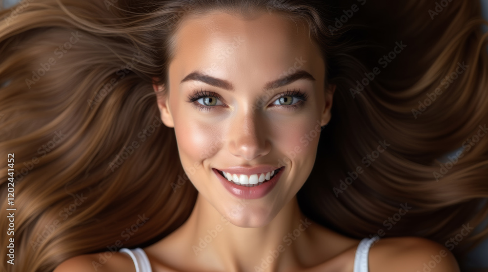 Obraz premium Beautiful young woman brown hair with long hair, top view, flat lay