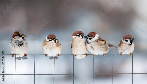 group of sparrow birds sitting on chain link fence in winter garden and sorti...