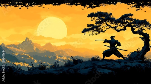 Silhouetted Samurai Warrior at Sunset Mountain View