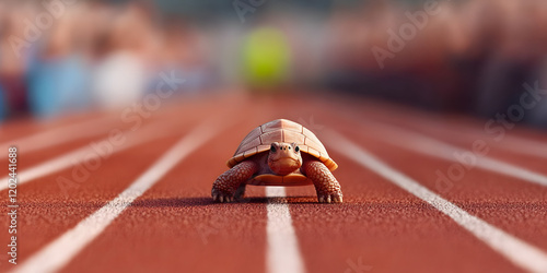 A determined turtle slowly but surely makes its way across a running track, showcasing perseverance. photo