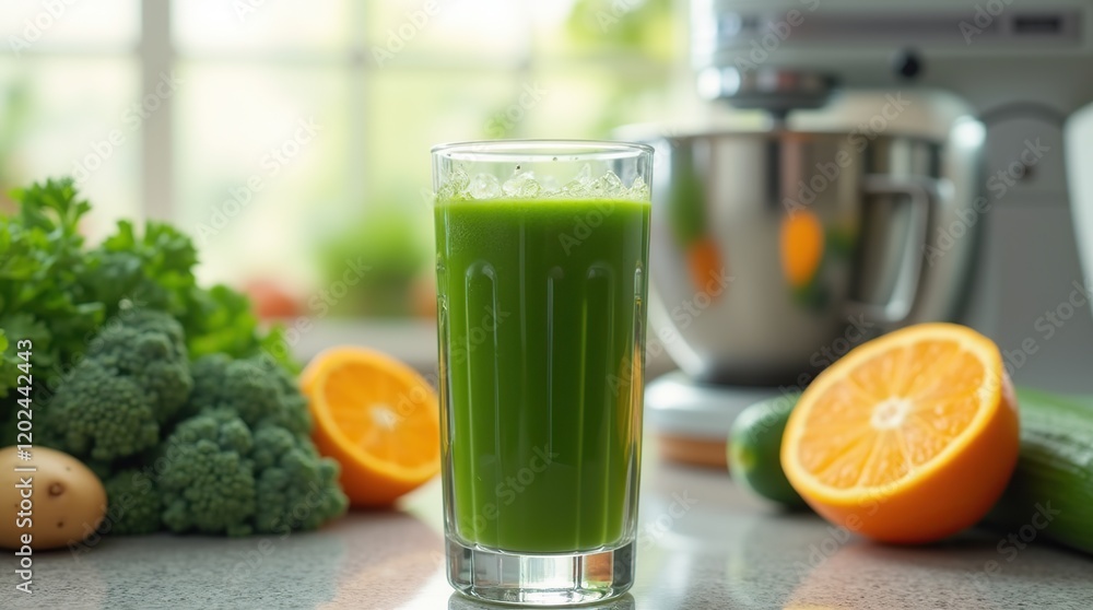 Fototapeta premium Glass of Fresh Green Juice Surrounded by Healthy Vegetables in a Bright Kitchen