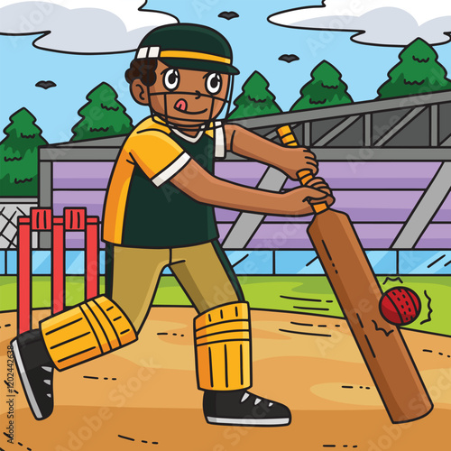 Cricket Player Hitting the Ball Colored Cartoon  photo