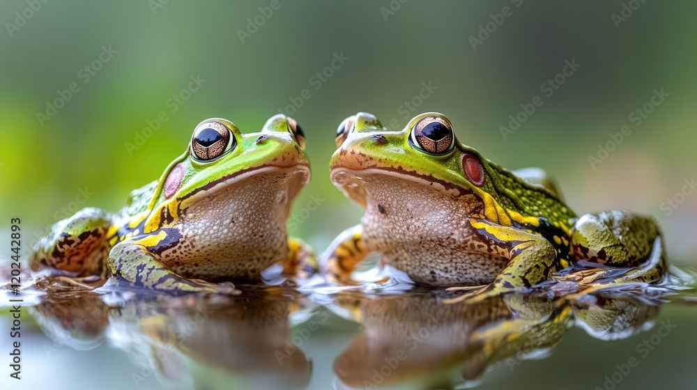 Naklejka premium Two green frogs sit side by side in a calm pond during the day, reflecting in the still water.