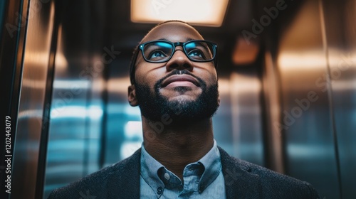 Close up of an entrepreneur delivering an elevator pitch inside a literal elevator