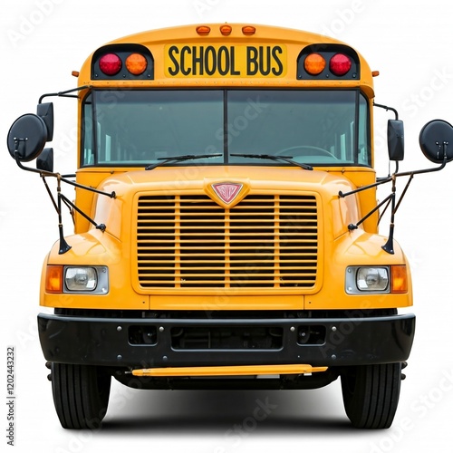 yellow school bus close up front view isolated on white background