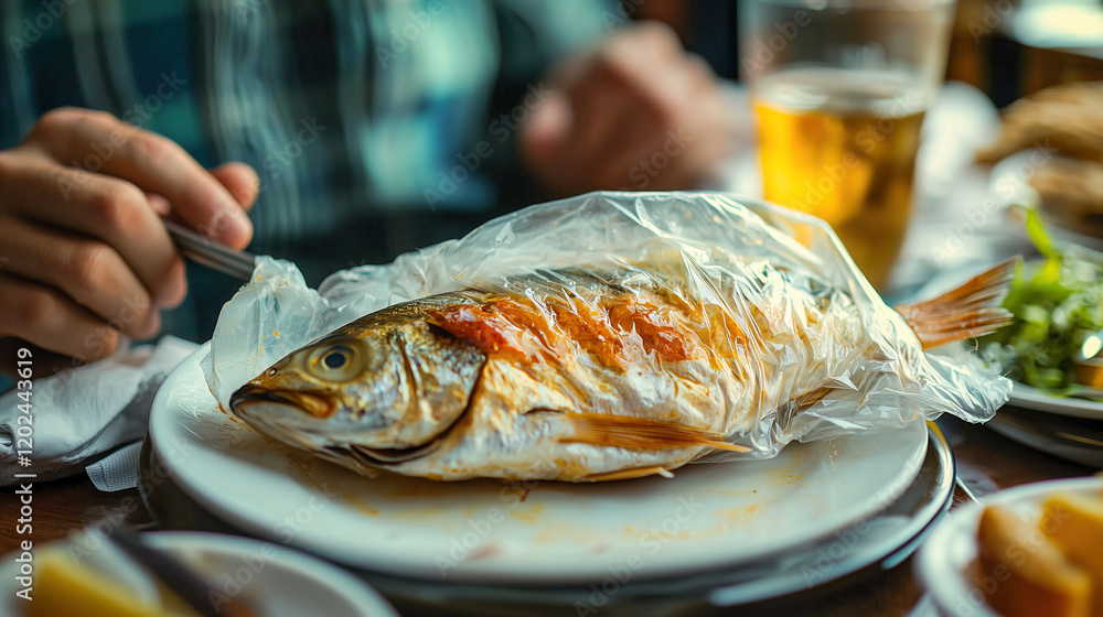 Succulent grilled fish wrapped in transparent plastic film, served on a white plate with beer and garnishes in the background, capturing steam and moisture