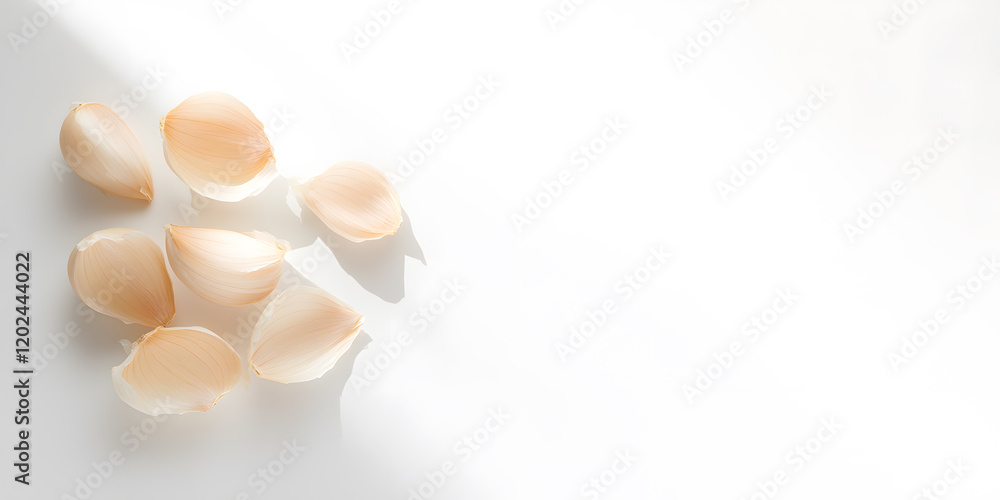 Garlic cloves arranged on a white background, illuminated by soft light. Minimalist food photography. Garlic cloves arranged on a white background, illuminated by soft light. Minimalist food photography.