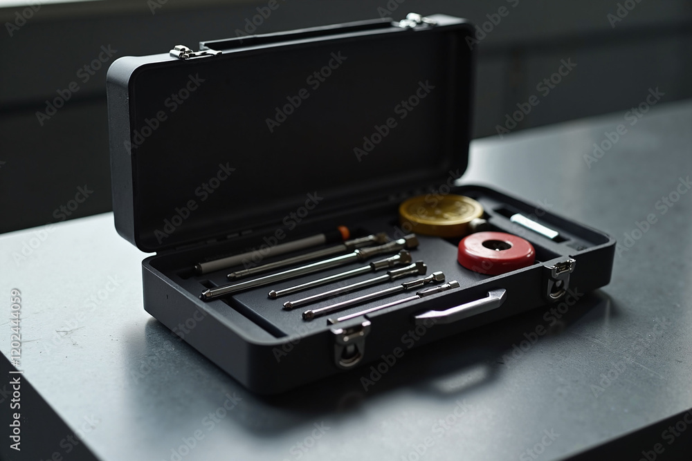 Toolbox with various tools on a dark surface Toolbox with various tools on a dark surface