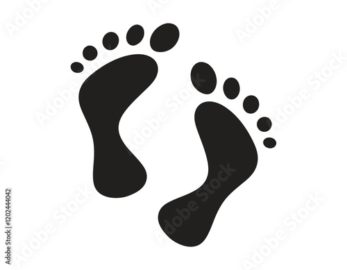 black silhouette of two human footprints with toes and arches visible, isolated on a white background, perfect for representing walking, travel, or footprints in various designs and projects.