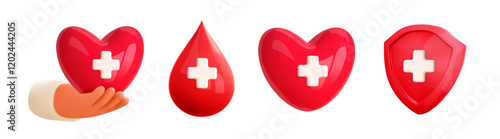 3d medical icon. Health care and medicine. Hand give heart, health protection red shield , blood drop with cross. Donate or volunteer concept Vector 3d elements for medical design projects