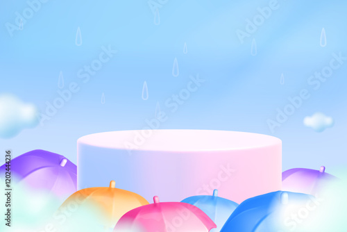 3d monsoon sale template. Color umbrella, podium in clouds in rainy sky background. Autumn concept season design element. Vector cartoon illustration