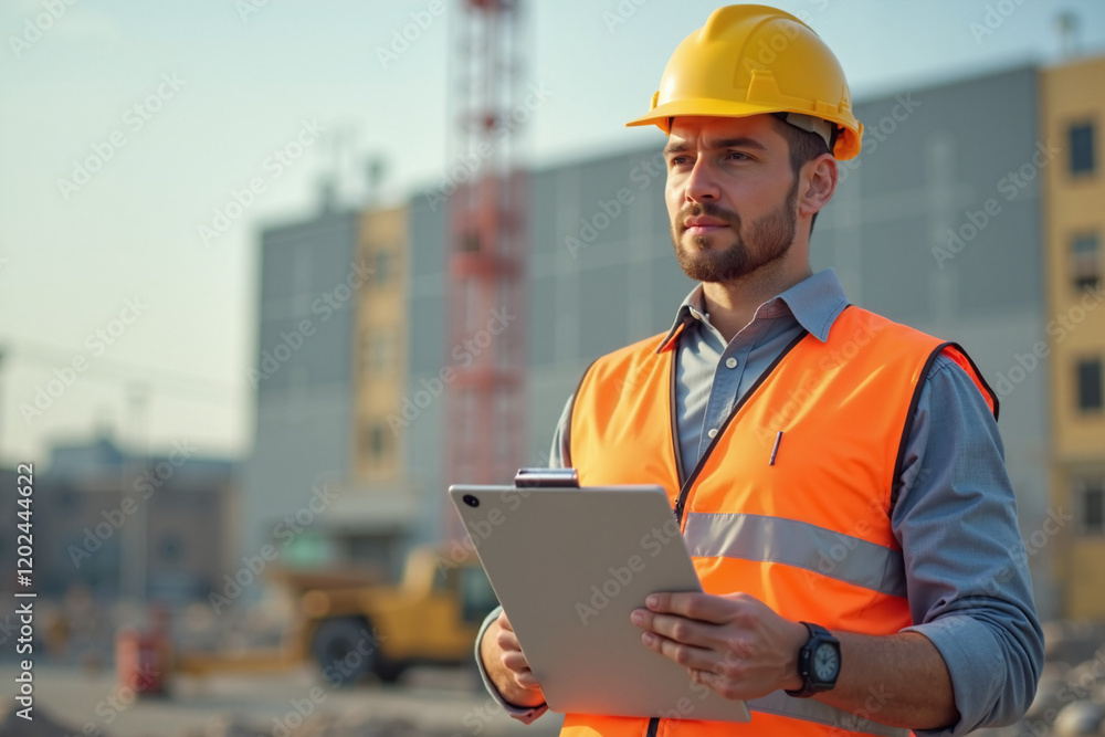 Construction worker analyzing plans at a building site Construction worker analyzing plans at a building site
