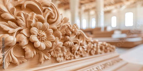 Intricate floral wood carving detail on a light brown wooden piece. The background shows a blurred out workshop with rows of similar wooden pieces. photo