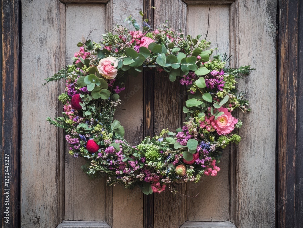 Fototapeta premium Floral wreath decorates rustic wooden door with vibrant colors and lush greenery