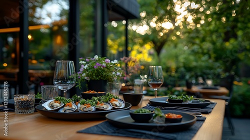 Outdoor Dining Experience at Sunset with Gourmet Dishes and Wine photo