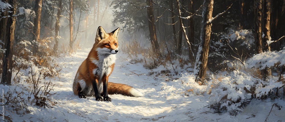 Red fox sits in snowy winter forest path. Wildlife nature scene Red fox sits in snowy winter forest path. Wildlife nature scene