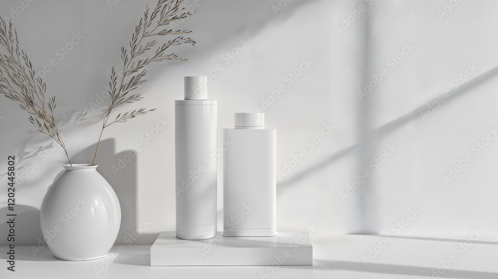 Minimalist elegance shines through soft light with white bottles and delicate foliage arrangement in a serene setting Minimalist elegance shines through soft light with white bottles and delicate foliage arrangement in a serene setting