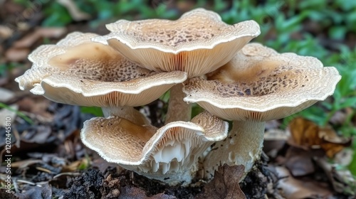 Close up of mushrooms growing on the ground with natural background photo