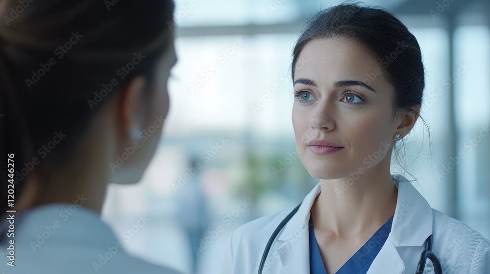 Close up of pharmaceutical sales representative talking with female doctor in medical building. Hospital director consulting with healthcare staff. Close up of pharmaceutical sales representative talking with female doctor in medical building. Hospital director consulting with healthcare staff.