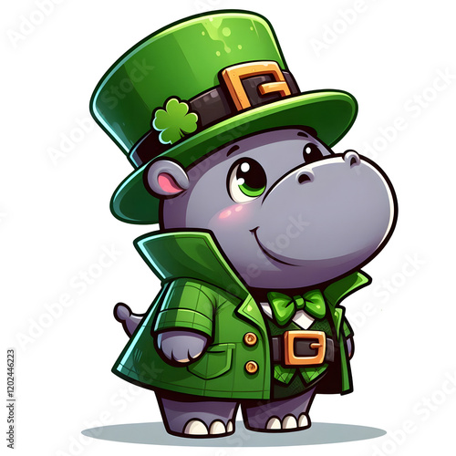 Cartoon-style illustration of a cute hippo dressed as a leprechaun for St. Patrick's Day, wearing a hat and coat, isolated on transparent background