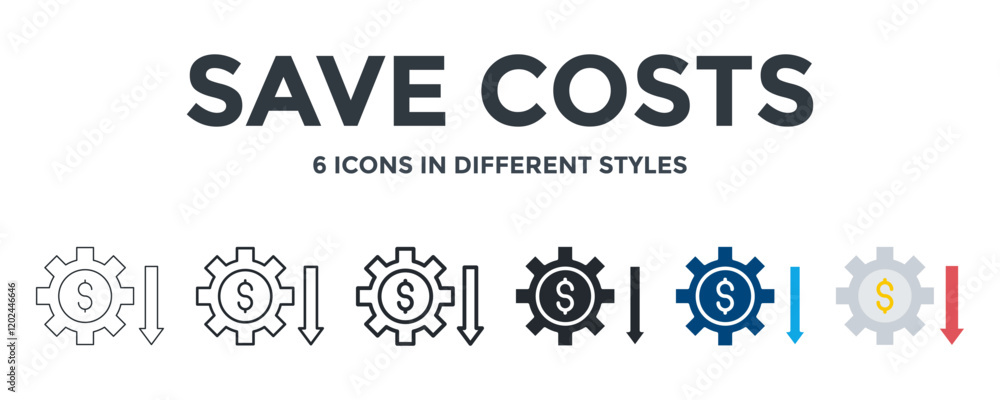 Save Costs Icon In Different Style Vector Illustration. Designed In Thin Line, Regular Line, Bold Line, Glyph, Color Fill, And Flat Style Can Be Used For Web Save Costs Icon In Different Style Vector Illustration. Designed In Thin Line, Regular Line, Bold Line, Glyph, Color Fill, And Flat Style Can Be Used For Web