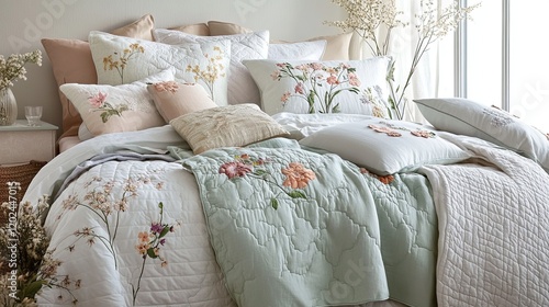 A wildflower meadow-inspired bedroom with textured pastel-colored bedding photo