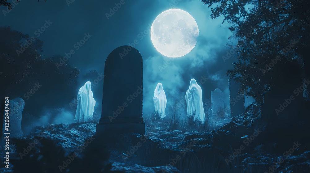 Obraz premium A hauntingly beautiful scene of ethereal ghosts in a mystical graveyard, illuminated by soft lantern light under a moonlit sky. Mystical Moonlit Scene. Illustration