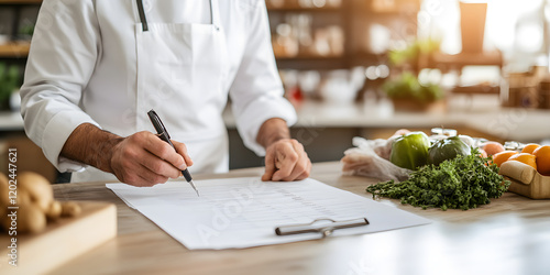 Fototapeta Naklejka Na Ścianę i Meble -  Chef reviewing menu or inventory in a restaurant kitchen. Fresh produce visible nearby.