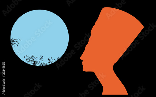 T-shirt design of the silhouette of the bust of the Egyptian pharaoh Nefertiti next to the moon isolated on black. 