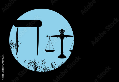 T-shirt design of the Hebrew letter Cheth next to a scale on a blue circle and a black background. Representation of justice.
