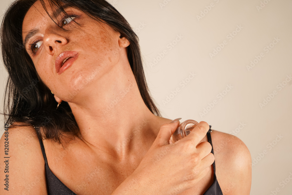 Fototapeta premium The soft layer of highlighter emphasizes her collarbones. Her radiant skin reflects her love for constant and proper care.