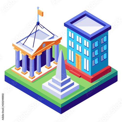 A detailed scale model showcases an ancient structure with columns and a modern building featuring multiple windows, set on a green base. A digital rendering enhances the presentation