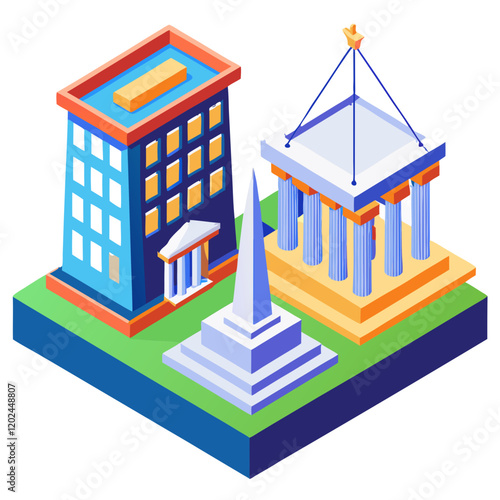 A scale model showcases a contemporary building beside a classical structure with columns and a spire. The layout is vibrant, emphasizing architectural diversity and creativity
