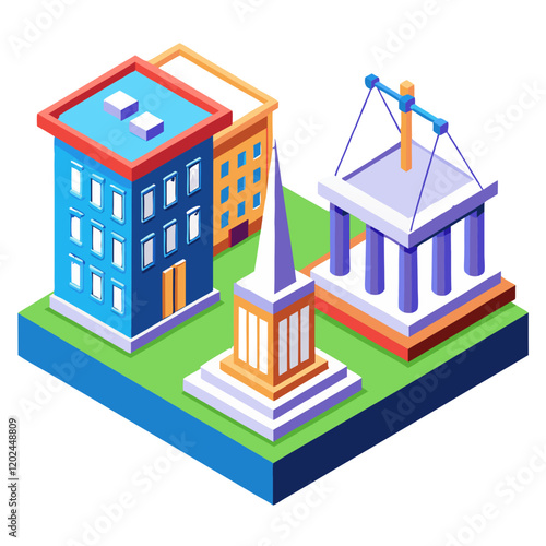 A detailed scale model represents different architectural styles, including a church spire and government building, placed next to a digital rendering of construction activities